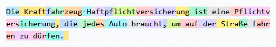 Funktionsweise LLM: Ein Transformator Modell funktioniert, indem es die Eingabe in Token umwandelt und dann gleichzeitig mathematische Gleichungen ausführt, um Beziehungen zwischen den Token zu ermitteln. - Ein Beispiel für die Tokenisierung des Satzes: "Die Kraftfahrzeug-Haftpflichtversicherung ist eine Pflichtversicherung, die jedes Auto braucht, um auf der Straße fahren zu dürfen."